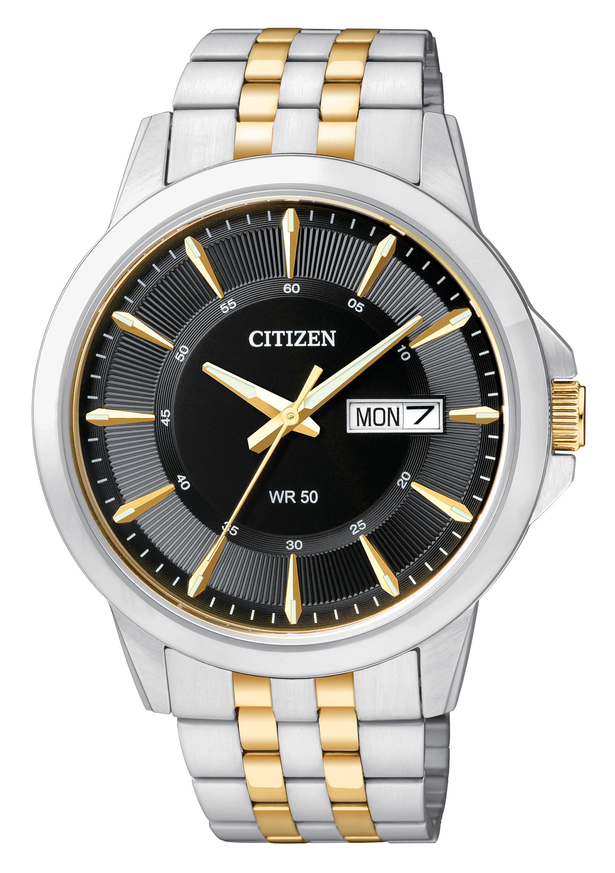 Citizen Mens Quartz Two Tone Stainless Steel Watch With Black Dial And Date Indigo Summit